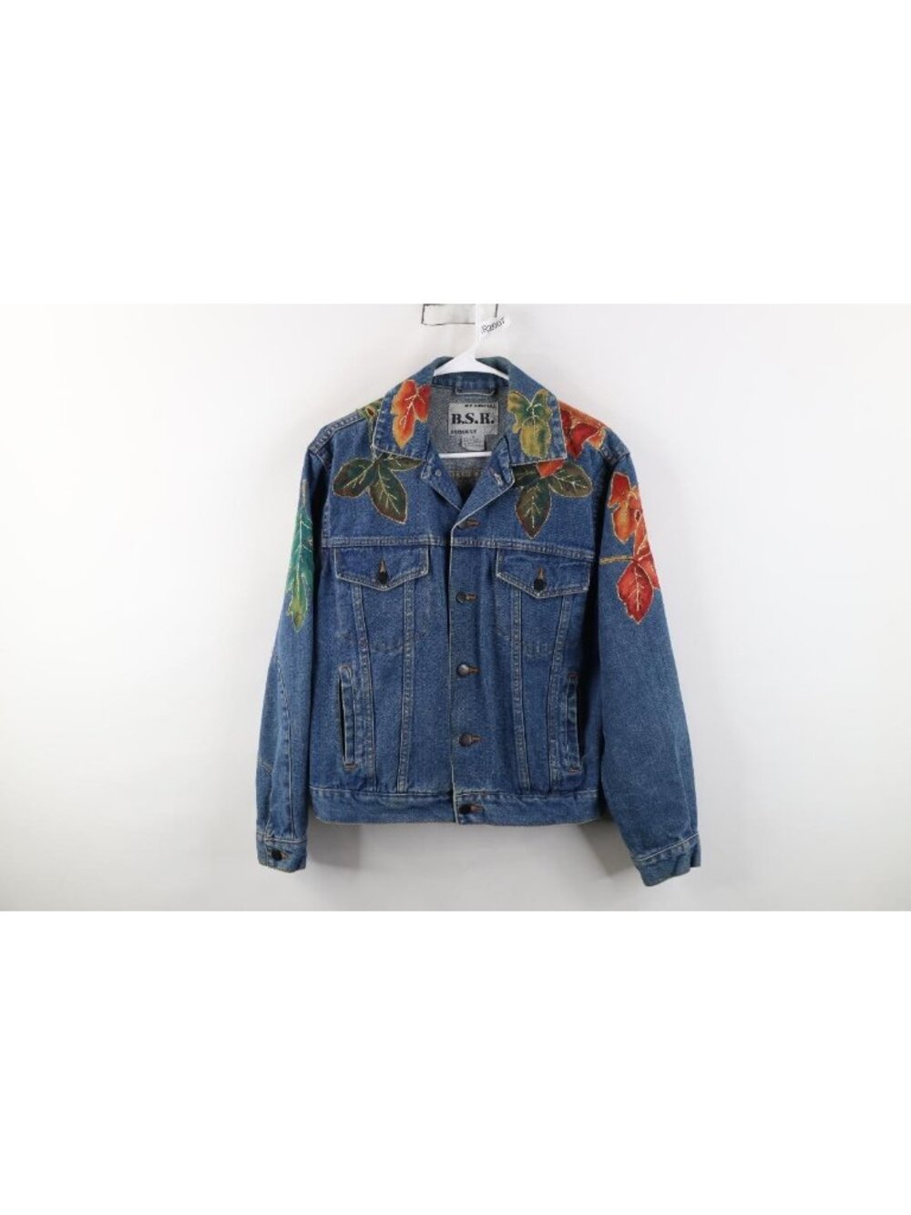 Vintage 90s Streetwear Womens Medium Nature Fall Leaf Denim Jean Trucker Jacket